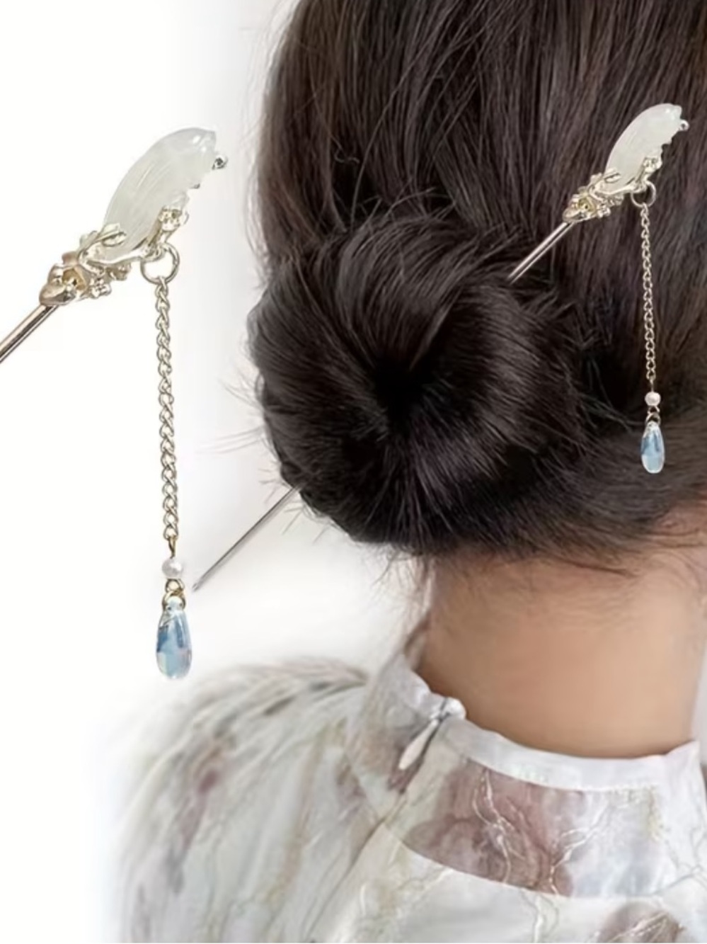 Gold Hair Pin with White Magnolia Accent &Blue Teardrop - Hair accessory